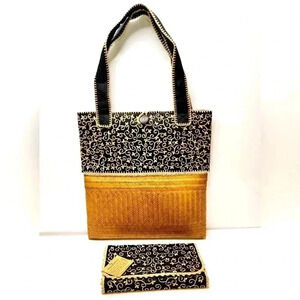 Handwoven banana fiber shoulder bag w clutch, 14 x 13 x 1 inch hand embroidered